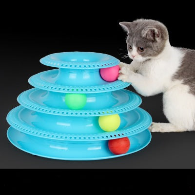 Pink four-layer cat turntable toy with colorful balls on each track, measuring 16cm high and 29cm wide. - Image 2