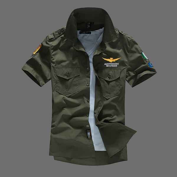 Camisa Militar Manga Corta Bordada para Hombre