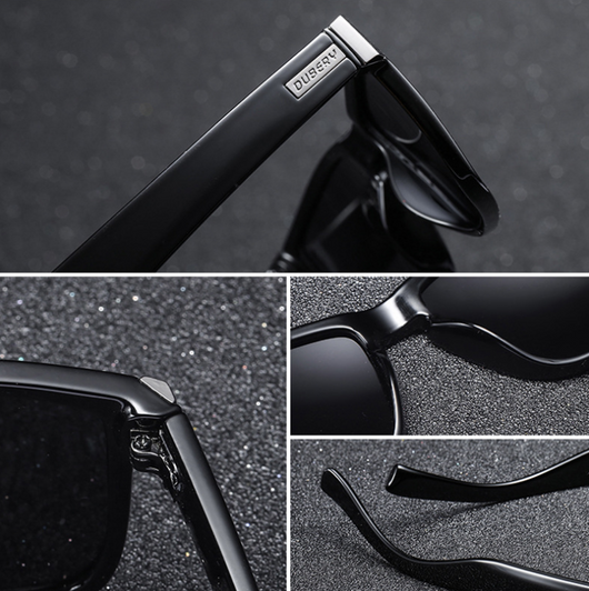 Black DUBERY polarized sunglasses with rectangular frames and dark lenses, shown from front and top-down angles. - Image 3