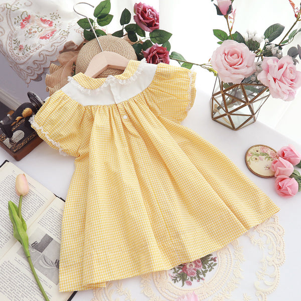 Vestido Infantil Cuadros Amarillo con Bordado Retro