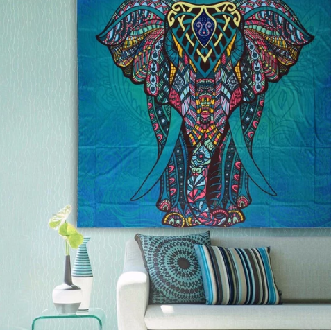 Turquoise tapestry with a large, ornate elephant design featuring intricate patterns in pink, yellow, and blue. - Image 2