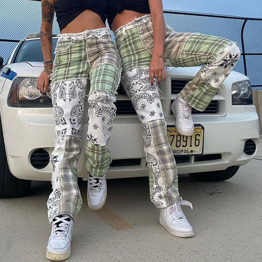 Jeans Casual a Cuadros con Costura Raw Edge y Efecto Reductor - Image 3