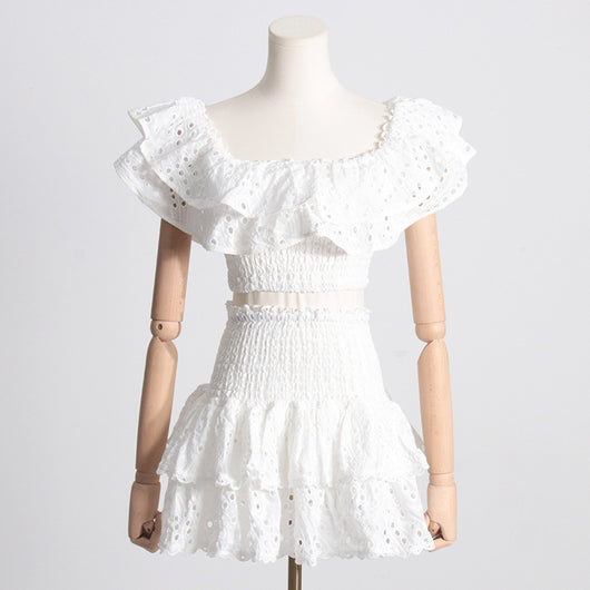 Conjunto de Playa Elegante: Blusa Corta con Cuello y Volantes + Falda Cintura Alta - Image 4