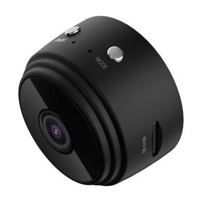White A9 WIFI wireless network camera with a black lens, shown next to a black 32GB microSD card. - Image 2