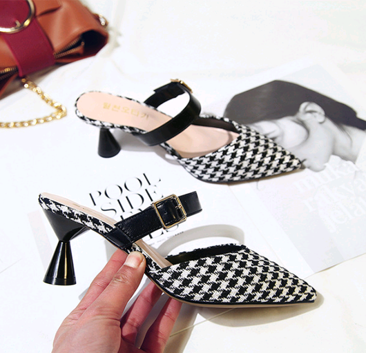 Sandalias de Tacón Alto Estilo Coreano con Diseño Cuadros - Pantuflas Puntiagudas para Mujer - Image 8