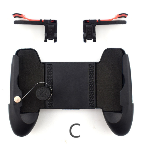 Black mobile gaming controller grip with two red and black clip-on trigger buttons and a small joystick.