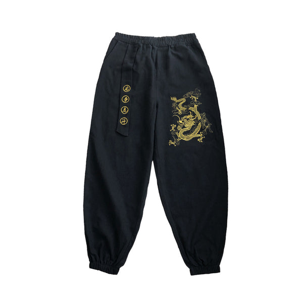 Pantalones Casuales Oversized con Bordado Dragón Estilo Suelto