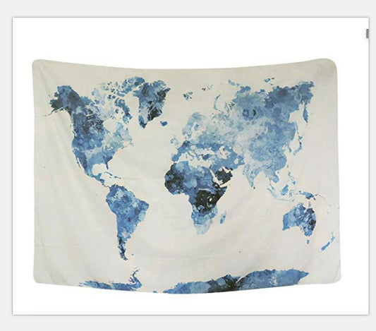 Blue watercolor world map tapestry on a white background, featuring continents in shades of blue.