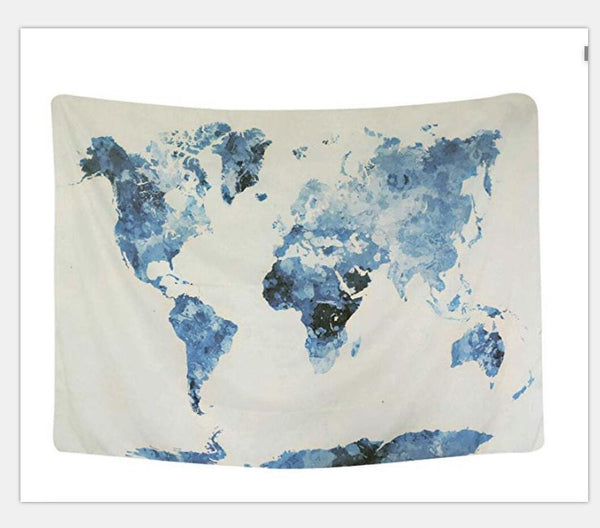 Blue watercolor world map tapestry on a white background, featuring continents in shades of blue.