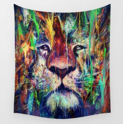 Vibrant bohemian tapestry featuring an abstract, colorful lion's face with paint splatters, suitable for wall hanging. - Image 3