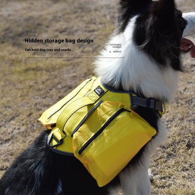 Orange and gray pet harness made of Oxford cloth with reflective trim, a top handle, and adjustable straps.