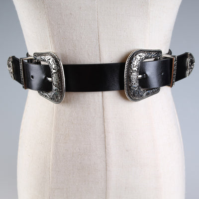 Cinturón de Moda Vintage con Hebilla Plateada Tallada Doble Cabeza para Mujer - Image 3