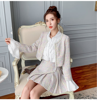 Conjunto Elegante de Chaqueta Tweed y Blusa Plisada para Mujer - Image 20