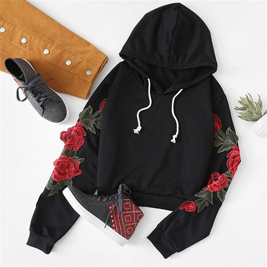 Sudadera Negra con Aplique de Rosa Bordada - Hoodie Casual Otoño para Mujer - Image 2