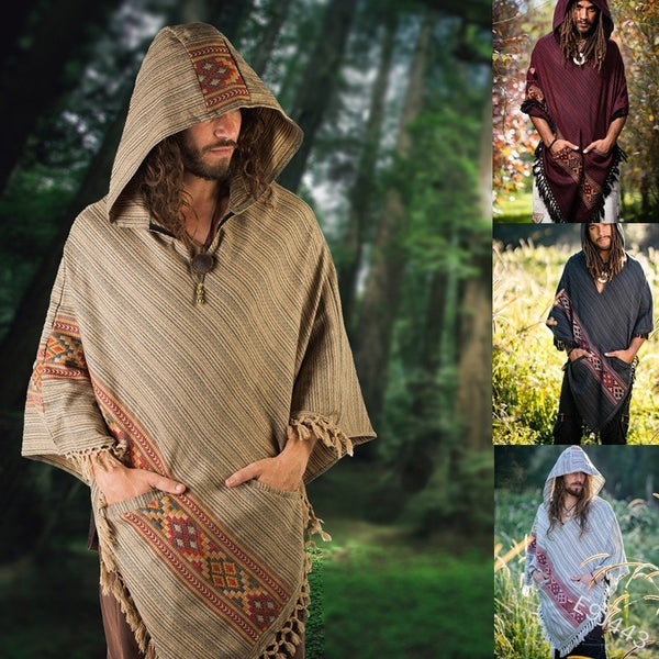 Poncho Étnico con Capucha y Flecos - Abrigo Versátil para Hombre