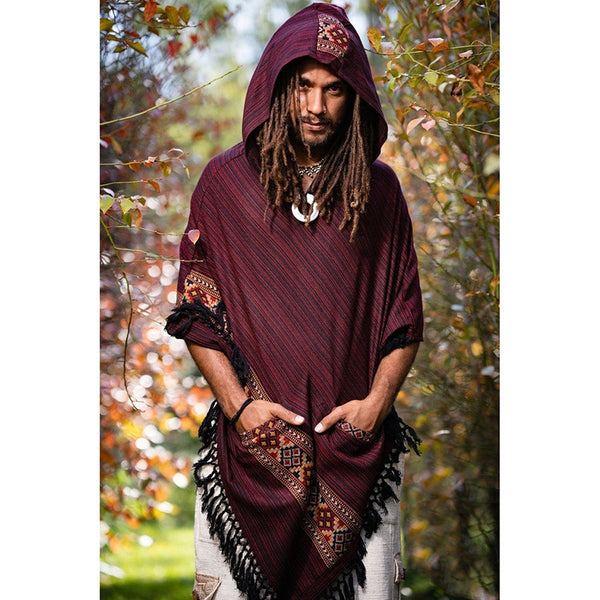 Poncho Étnico con Capucha y Flecos - Abrigo Versátil para Hombre