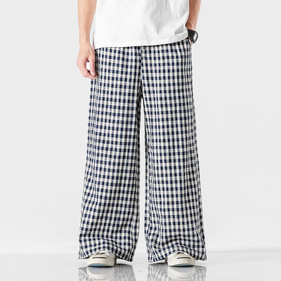 Pantalones Holgados de Algodón y Lino a Cuadros, Estilo Asiático Talla Grande