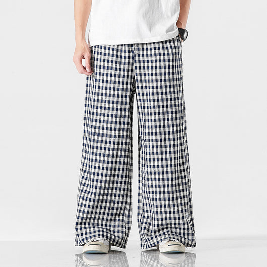 Pantalones Holgados de Algodón y Lino a Cuadros, Estilo Asiático Talla Grande