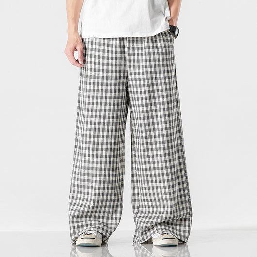 Pantalones Holgados de Algodón y Lino a Cuadros, Estilo Asiático Talla Grande - Image 4