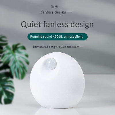 White spherical smart pet deodorizer with a sensor, designed for litter basins, shown against a light gray background with green leaves. - Image 6
