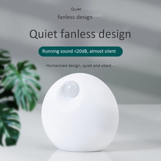 White spherical smart pet deodorizer with a sensor, designed for litter basins, shown against a light gray background with green leaves. - Image 6