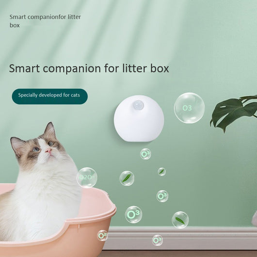 White spherical smart pet deodorizer with a sensor, designed for litter basins, shown against a light gray background with green leaves. - Image 7