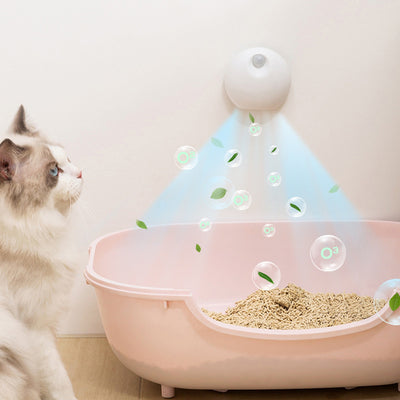 White spherical smart pet deodorizer with a sensor, designed for litter basins, shown against a light gray background with green leaves. - Image 12