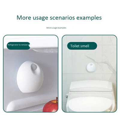 White spherical smart pet deodorizer with a sensor, designed for litter basins, shown against a light gray background with green leaves. - Image 9
