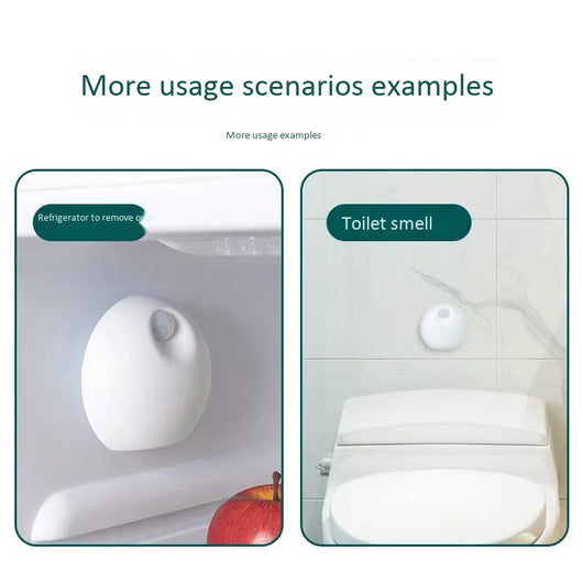White spherical smart pet deodorizer with a sensor, designed for litter basins, shown against a light gray background with green leaves. - Image 9