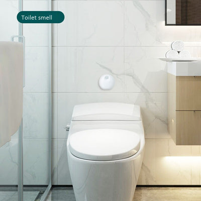 White spherical smart pet deodorizer with a sensor, designed for litter basins, shown against a light gray background with green leaves. - Image 13