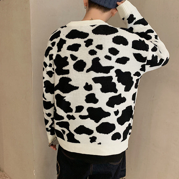 Suéter Jacquard Estampado Vaca Oversized Cuello Redondo