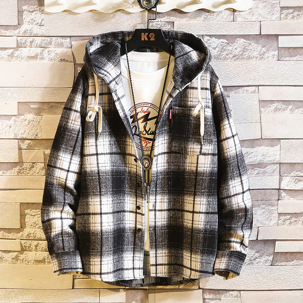 Camisa Holgada Cuadriculada con Capucha para Hombre - Estilo Juvenil Japonés Talla Grande