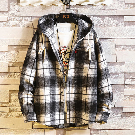 Camisa Holgada Cuadriculada con Capucha para Hombre - Estilo Juvenil Japonés Talla Grande