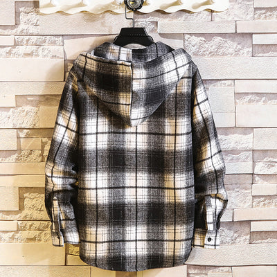 Camisa Holgada Cuadriculada con Capucha para Hombre - Estilo Juvenil Japonés Talla Grande - Image 3