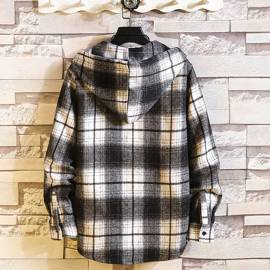 Camisa Holgada Cuadriculada con Capucha para Hombre - Estilo Juvenil Japonés Talla Grande - Image 3