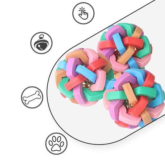 Colorful woven ball pet chew toy with a bell inside, made from durable TPR material for dogs and cats. - Image 2