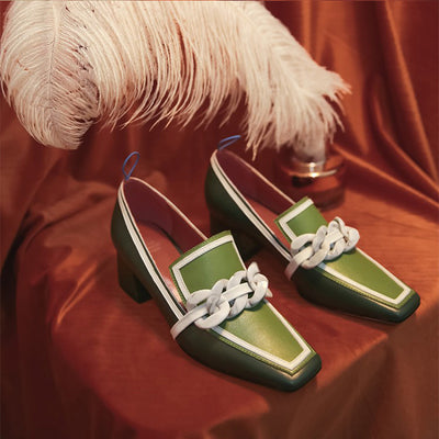 Zapatos de Tacón Medio Cuadrado Verde Estilo Inglés en Cuero Genuino - Image 11