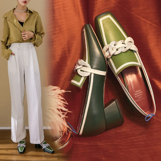 Zapatos de Tacón Medio Cuadrado Verde Estilo Inglés en Cuero Genuino - Image 14