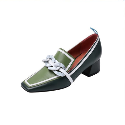 Zapatos de Tacón Medio Cuadrado Verde Estilo Inglés en Cuero Genuino - Image 3