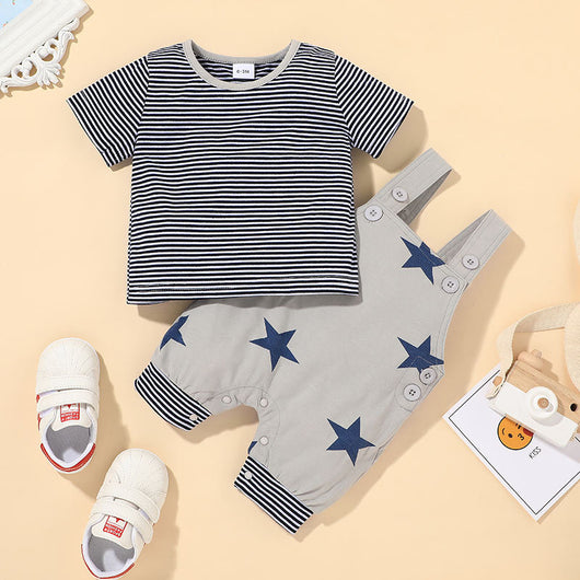 Conjunto Infantil Coreano: Blusa Cuello Redondo y Overol con Estrellas - Image 5