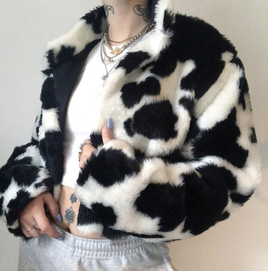 Chaqueta Corta Hip-Hop Punk Cuello Alto con Cierre - Estampado Vaca Blanco y Negro - Image 8