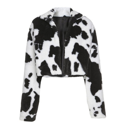 Chaqueta Corta Hip-Hop Punk Cuello Alto con Cierre - Estampado Vaca Blanco y Negro - Image 6