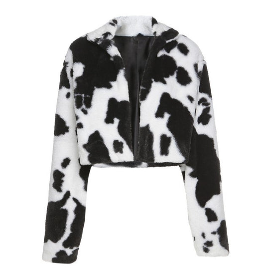 Chaqueta Corta Hip-Hop Punk Cuello Alto con Cierre - Estampado Vaca Blanco y Negro - Image 6