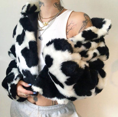 Chaqueta Corta Hip-Hop Punk Cuello Alto con Cierre - Estampado Vaca Blanco y Negro - Image 10