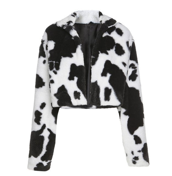 Chaqueta Corta Hip-Hop Punk Cuello Alto con Cierre - Estampado Vaca Blanco y Negro - Image 3