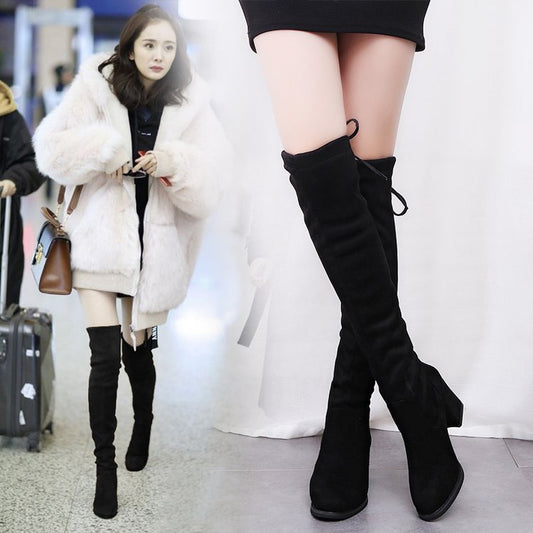 Botas Altas Over the Knee Elásticas con Tacón Grueso Puntiagudo
