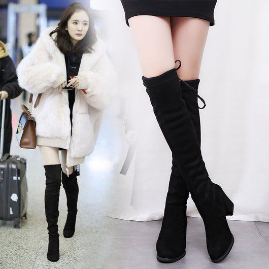 Botas Altas Over the Knee Elásticas con Tacón Grueso Puntiagudo
