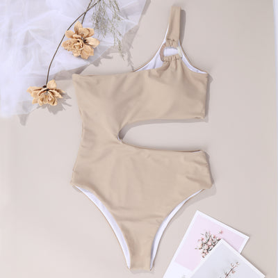 Traje de Baño Enterizo Monocolor Asimétrico Bicolor sin Cintura - Image 3