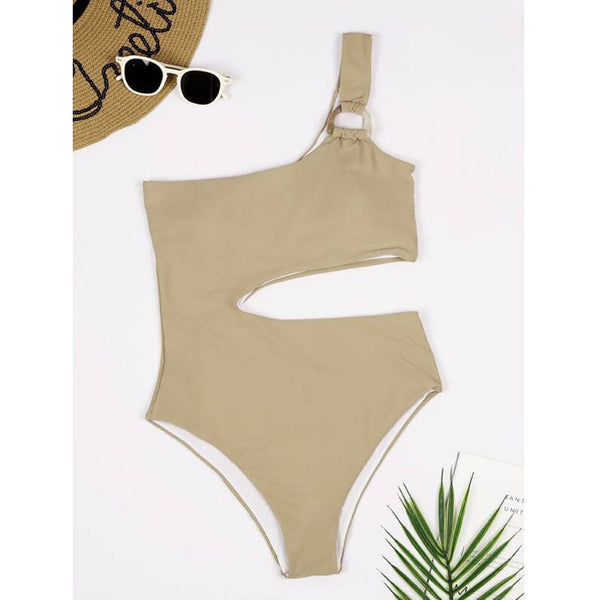 Traje de Baño Enterizo Monocolor Asimétrico Bicolor sin Cintura