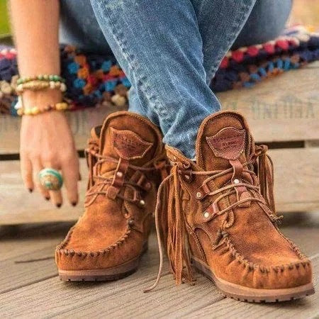 Botas Cortas de Invierno con Cordones y Flecos - Suela Gruesa para Mujer